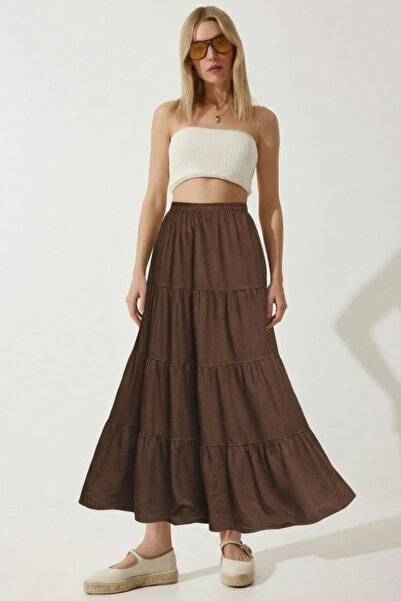 COMBİNE MİCHAİL Γυναικεία Βασική Καλοκαιρινή Φούστα Μάξι σε Καφέ Χρώμα με Στρ...