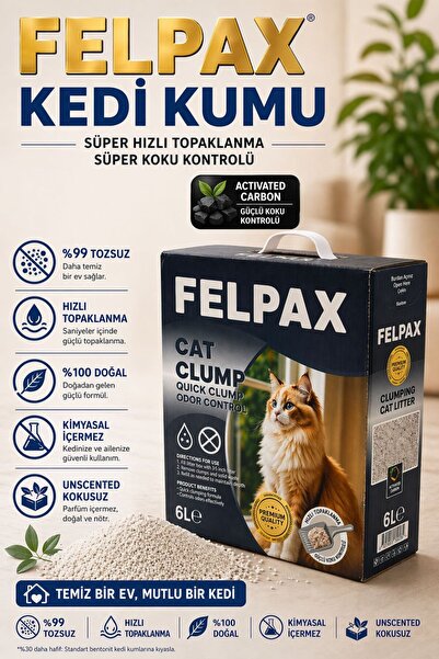 Felpax Premium Aktif Karbonlu Hızlı Topaklanan Kedi Kumu 6 Litre