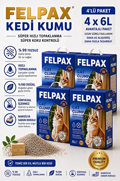 Premium Hızlı Topaklanan Kedi Kumu Marsilya Sabun Kokulu 6 Lt x 4 Adet