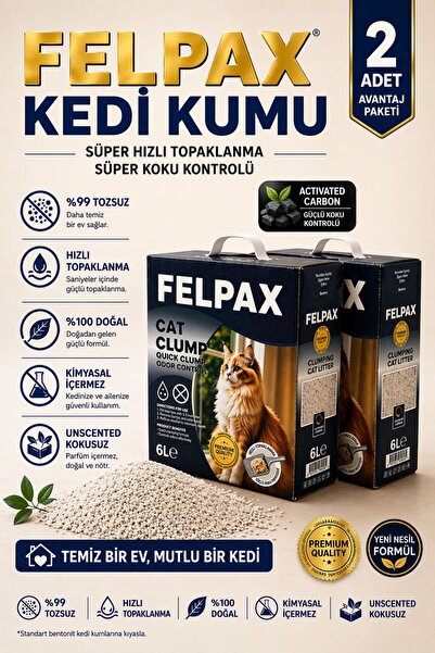 Felpax Premium Aktif Karbonlu Hızlı Topaklanan Kedi Kumu 6 LT x 2 Adet