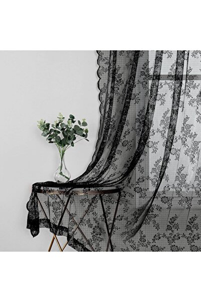 Arabest 1 Pair Black Lace Sheer Curtains,55" W x 108" L,Rose Embroidered,Ligh...