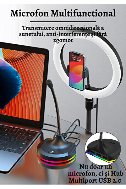 MOGODA Microfon de gaming, Iluminare RGB, Hub USB 2.0 cu 3 porturi, Conexiune USB, 26.5x8.5x10 cm, Înregistrare, Live, Compatibil Windows, MacOS, Consolă de jocuri, Reducere a zgomotului, Cardioide, Condensator negru
