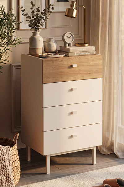 Yurudesign Luke Şifonyer 4 Çekmeceli Ahşap Ayaklı Kumsal-Sepet LK3-CS