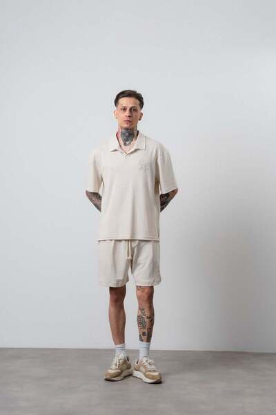 Respire Men's Relined Written Regular Fit T-Shirt Shorts Set Beige