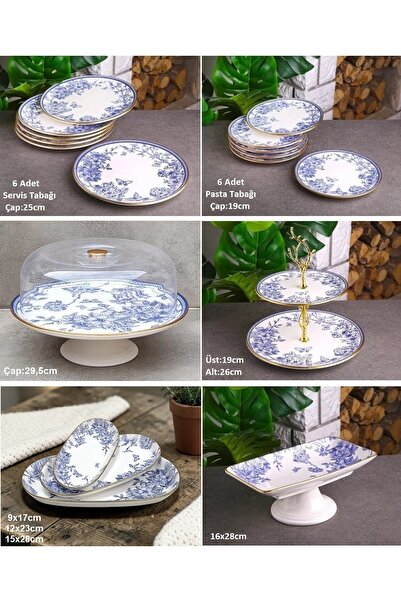 Pinkev 19 Piece Ceramic Cake Serving Plate Set for 6 People with Dome - Blue