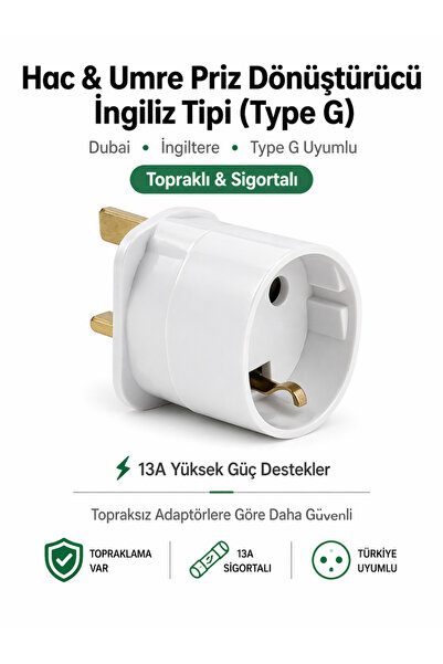 Tek-İş Suudi Arabistan Hac Umre Priz Dönüştürücü Adaptör G Tipi 3 Bacaklı Topraklı Sigortalı Fiş Çevirici - Priz Dönüştürücü (Mekke Medine İngiltere Uyumlu)
