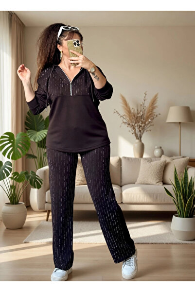 AZRA BUTİK Σετ με κουκούλα και πέτρα καφέ μεγάλου μεγέθους