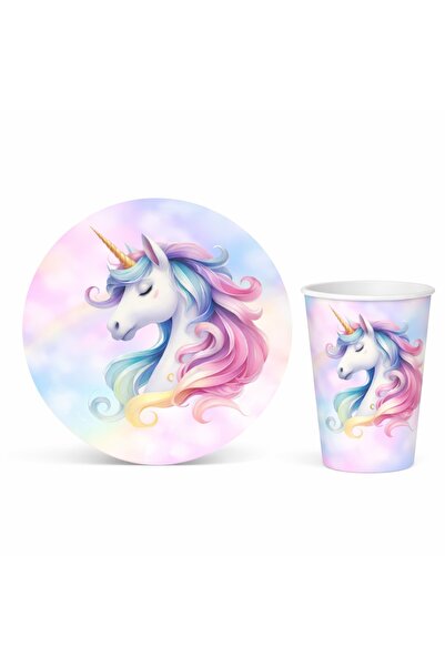 Big Party Χάρτινο πιάτο και ποτήρι με θέμα το Unicorn για 8 άτομα