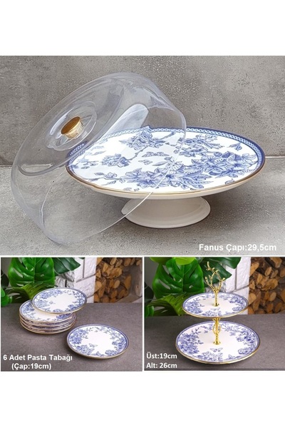 Pinkev طقم أطباق تقديم الكيك من السيراميك باللون الأزرق الذهبي مكون من 8 قطع ...