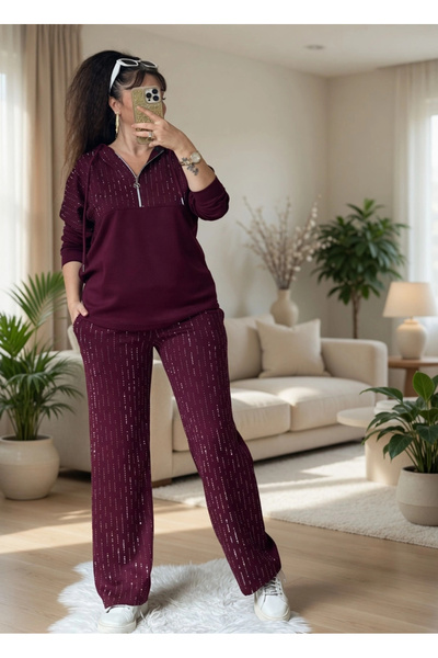 AZRA BUTİK Hooded Stone-Embellished Set Burgundy Plus Size
