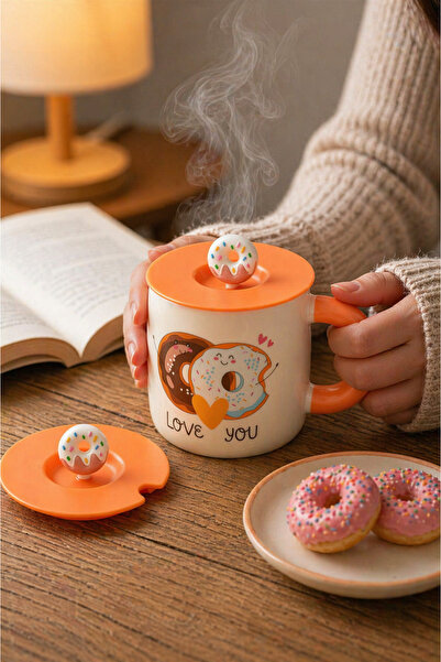 Tohana Silikon Kapaklı Donut Porselen Kupa 360 ml