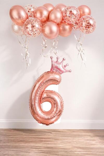 Patladı Gitti 6 Rakam Rose Gold Folyo Balon, Kral Tacı Ve Konfetili Rose Gold...