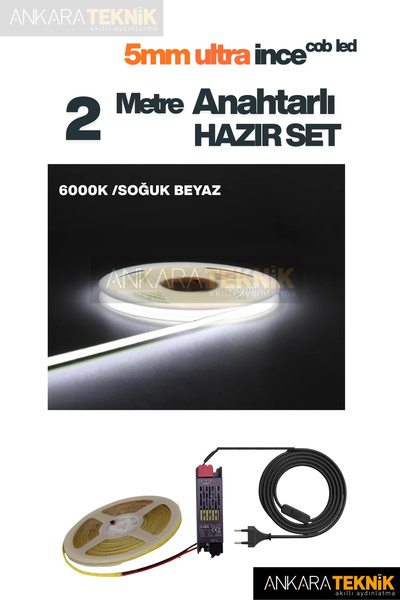 ankarateknik 5mm Ultra İnce COB Şerit LED 12Volt – Tak Çalıştır Anahtarlı Set...
