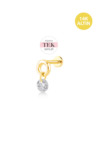 KURSHUNI Taşsız Halka Taş Sallantılı, 14 Ayar Altın Kıkırdak Küpe/Piercing (T...