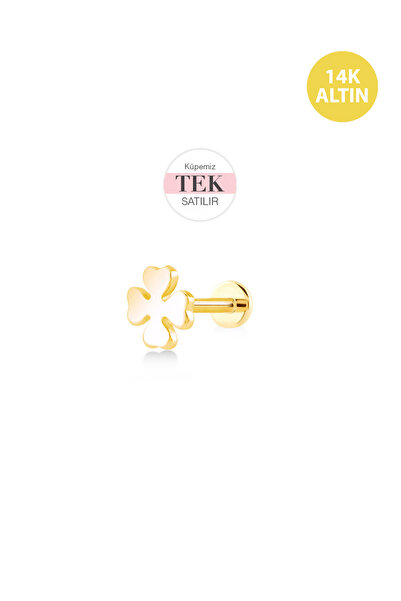 KURSHUNI Taşsız Mini Yonca, 14 Ayar Altın Kıkırdak Küpe/Piercing (TEK Satılır...