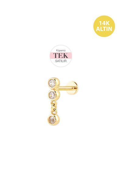 KURSHUNI Simit Taş Line Sallantılı, 14 Ayar Altın Kıkırdak Küpe/Piercing (TEK...