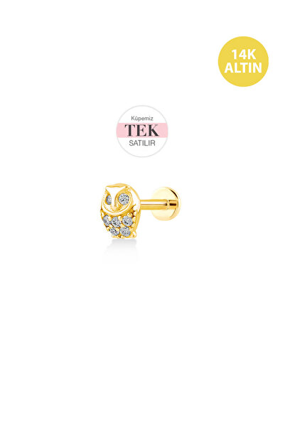 KURSHUNI Taşlı Baykuş, 14 Ayar Altın Kıkırdak Küpe/Piercing Bar Uzunluğu:6,5 mm