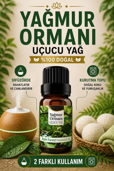 OrdoVeni Yağmur Ormanı Kokulu Saf Esansiyel Uçucu Yağ 10 ml | Kurutma Topu Ko...