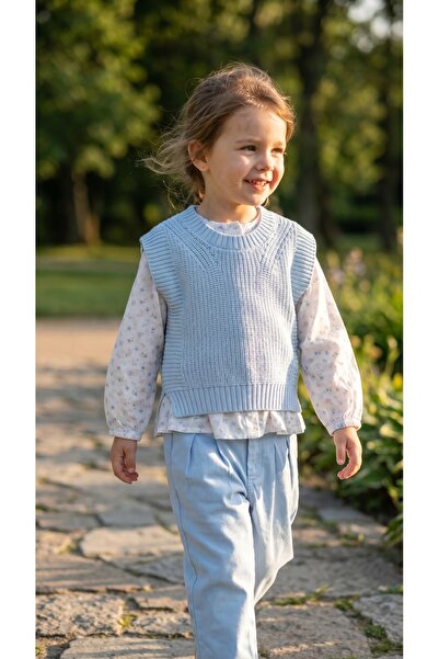 Sabi Baby Girl Floral Shirt Knitwear Vest Gabardine Pants Three-Piece Set