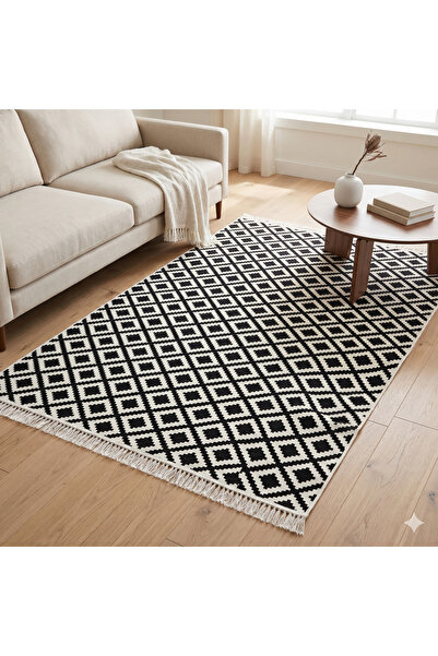 Bovia Home Pamuklu Siyah Beyaz Geometrik Desenli Yolluk Kilim - Saçaklı Moder...