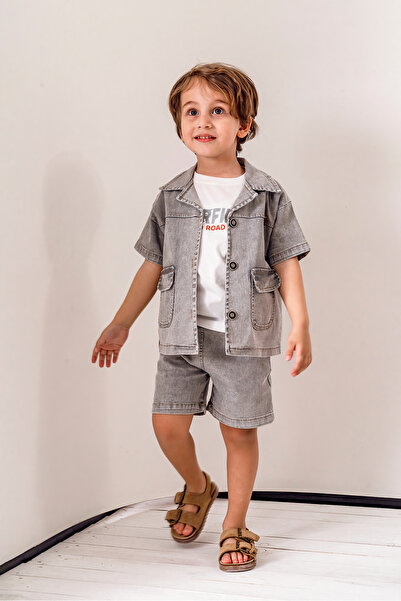 Jikko Baby Kot Gömlek Kot Şort ve T-shirt 3lü Erkek Çocuk Takım