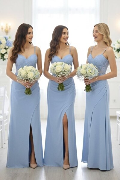 FashionForYou Σετ 5 τεμαχίων μακρύ βραδινό φόρεμα Serelya, με δαντέλα, Γαλάζι...