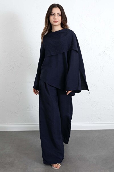 Salih Çelebi Σετ με ασύμμετρο κόψιμο και φουλάρι 266009 - ΣΚΟΥΡΟ ΜΠΛΕ