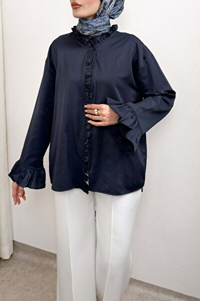 Salih Çelebi Πουκάμισο Oversize με Λεπτομέρεια Βολάν 0057 - ΣΚΟΥΡΟ ΜΠΛΕ