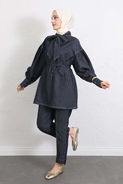 Salih Çelebi Γιακάς Με δέσιμο Τζιν Σετ Y0114 - ΣΚΟΥΡΟ ΜΠΛΕ