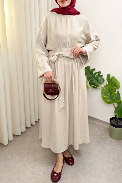 zenne High Waist Belted Long Dress 0048 - Beige