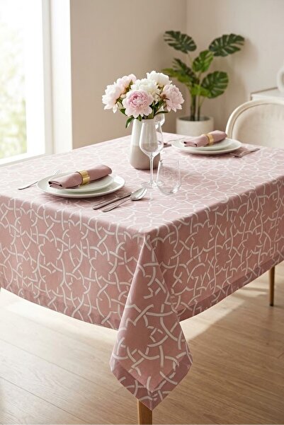 Rona Home Kaliteli Kumaş Pembe Desenli Masa Örtüsü Pamuklu Dokulu Şık Sofra Bezi