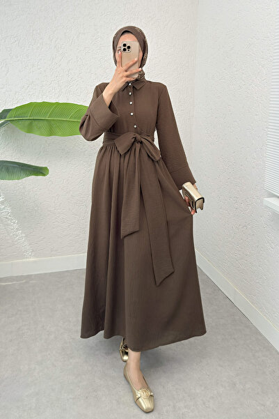 Salih Çelebi Belted Cross Collar Dress 2304 - Brown