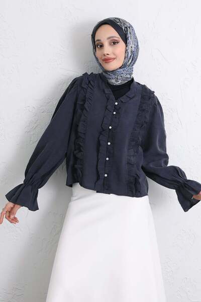 Salih Çelebi Πουκάμισο με κουμπιά και βολάν σε ρίγες Y0096 - ΣΚΟΥΡΟ ΜΠΛΕ