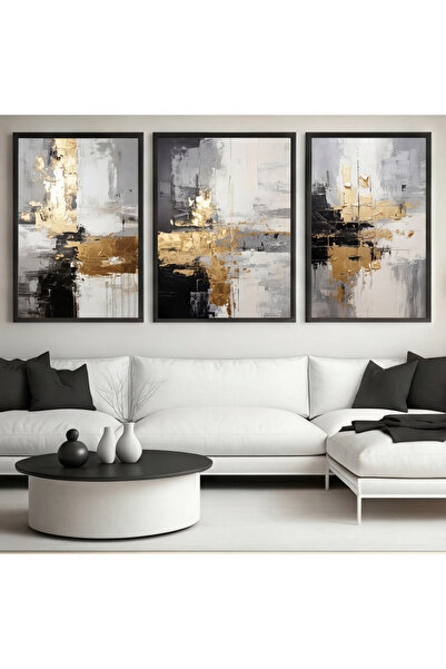 Berta home Gold Soyut Yağlı Boya Dokulu Üçlü Set Tablo Çerçeveli