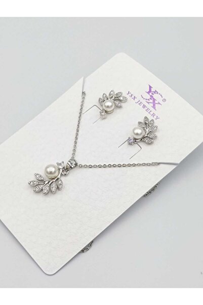 YSX JEWELRY YSX İncili Gümüş Renk Kolye ve Küpe Takımı