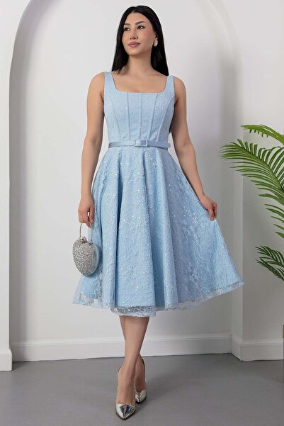 PULLIMM Φόρεμα με τετράγωνο λαιμόκοψη, παγιέτες και δαντέλα BAL165