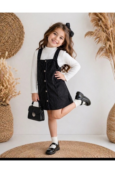 YARENKİDS Βελούδινο φόρεμα για κορίτσια με τετράγωνο γιακά και βασικές τιράντ...