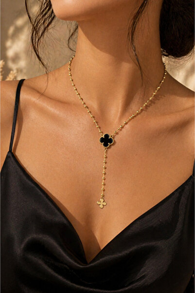 OEM Γυναικείο Χρυσό Κολιέ Λάριατ με Μενταγιόν Μαύρο Τριφύλλι – Κομψό, Μινιμαλ...