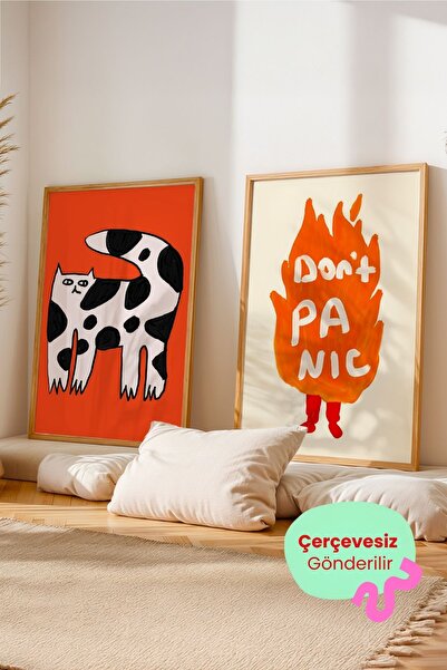 ArtDropsco 2'li Modern Tablo Seti Kedi İllüstrasyon ve Yazılı Poster Duvar De...