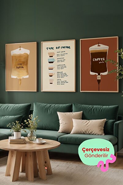 ArtDropsco Kahve Tablo Seti 3’lü Mutfak ve Kafe Duvar Dekoru Coffee Poster Çe...