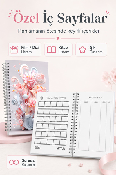 cabuk baskı A5 Süresiz Planlayıcı Ajanda Spiralli Haftalık Defter Soft Çiçekli Kapak
