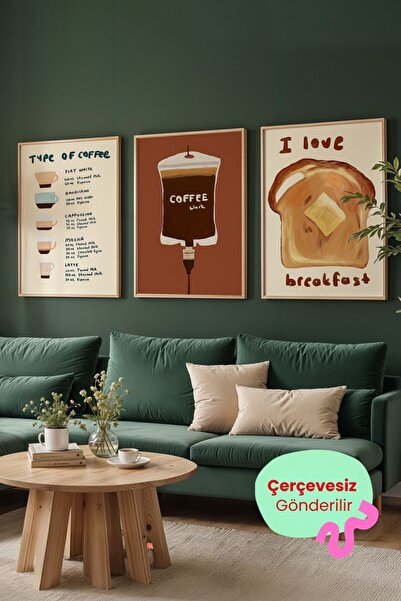 ArtDropsco Kahve Temalı Poster Seti 3’lü Mutfak Duvar Dekoru Coffee Art Çerçe...