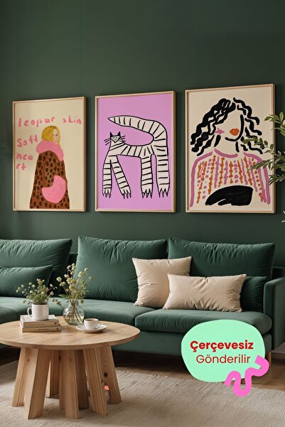 ArtDropsco 3’lü Kadın ve Kedi İllüstrasyon Tablo Poster Seti Çerçevesiz