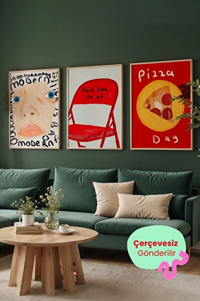 ArtDropsco 3’lü Modern Pop Art Tablo Seti Pizza, Kadın Yüzü ve Sandalye Poste...