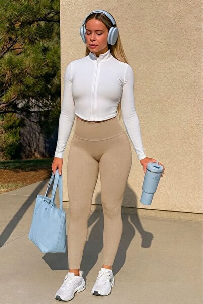 FREE ARSLAN COLLECTİON Γυναικείο πλεκτό κολάν με ραβδώσεις σε μπεζ ψηλόμεσο χ...