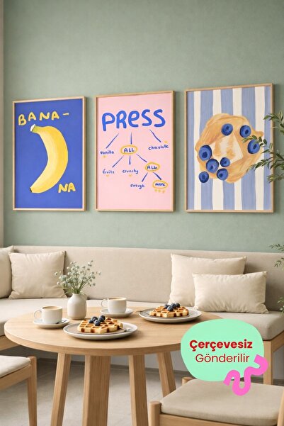 ArtDropsco 3’lü Waffle Tablo Seti Muz ve Tatlı Poster Mutfak Kahve Köşesi Duv...