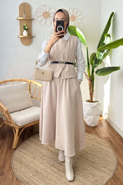 Salih Çelebi Belted Vest Skirt Set 24123 - Stone Color