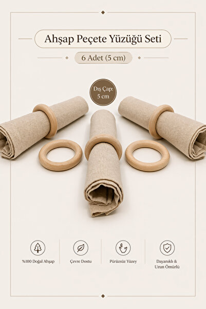 MACROMEKİDS 6 Piece Natural Wooden Napkin Ring Set - Raw Unpolished Napkin Ri...