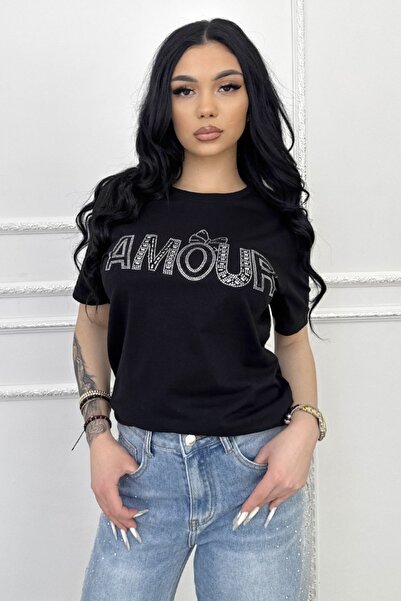 FashionForYou Tricou de damă din bumbac, Lumi Amour cu strasuri și logo, Negru
