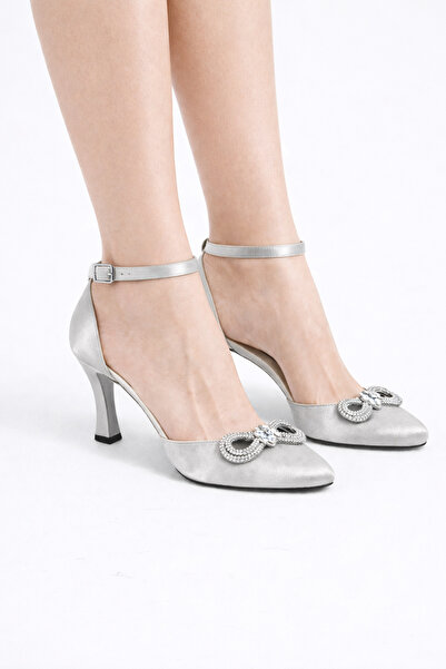 Moda Line Ασημί Σατέν Πέτρα Φιόγκος Γυναικεία Παπούτσια με τακούνι A086